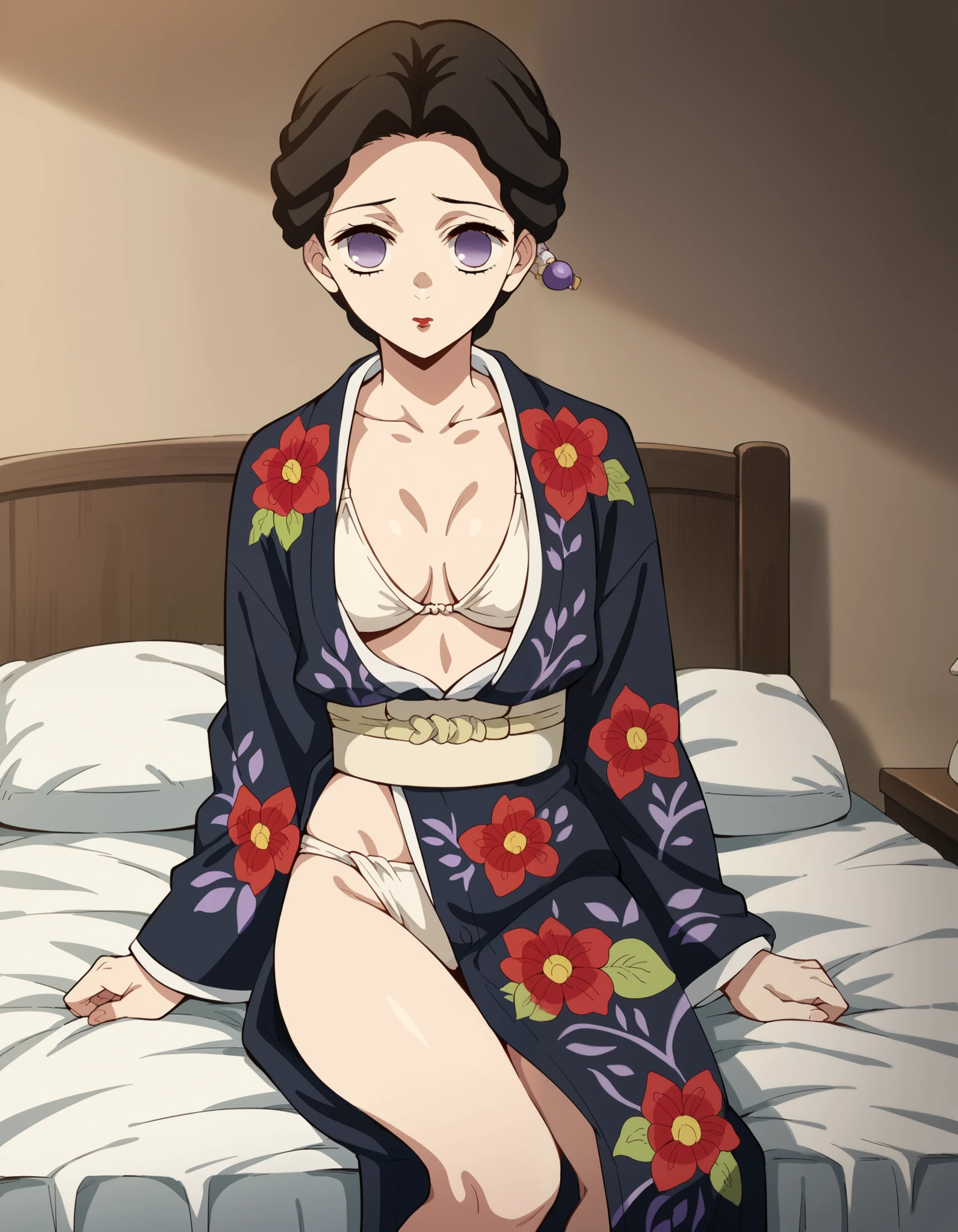 score_9, score_8_up, score_7_up, source_anime,
knytamayo, tamayo in different bikini colors, the kimono is half-unbuttoned, so the underwear is visible, big tits, tamayo facing the camera, full body, black hair, hair ornament, purple eyes, empty eyes, short hair, makeup, lipstick, red lips, sexy sit on bed,
 flower, floral print, 
indoors, dojo, 
solo, looking at viewer, cowboy shot, dutch angle,