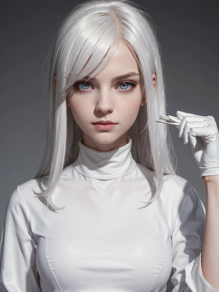 (best quality), 1girl, Female, pale skin, white hair, medium hair, flipped hair, Flipped-up ends, straight hair, red eyes, perfect eyes, dark circles under eyes, dark eyeshadow, lab coat, tight turtleneck, gloves, skinny body, small bust, masterpiece, anatomically correct, highres
