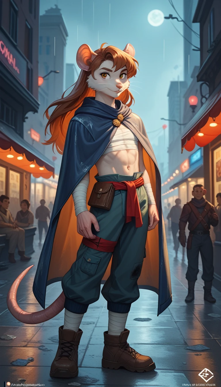 Alone,long hair,golden eyes, hairstyle, monk,skinny,teenager,young,dirty clothes,survival outfit,cloak on,bandages, fur-trimm,rat furry,master Splinter, dark city,midnight,rain fall, melancholic tone,city lights in the background 