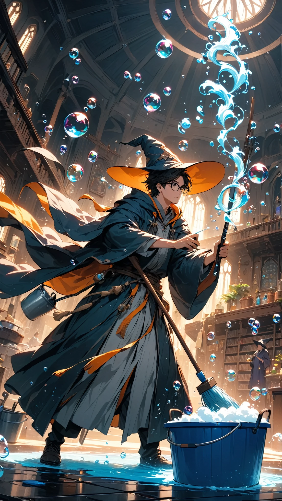 score_9, score_8_up, score_7_up, score_6_up, masterpiece, best quality, 4k, high res, 1boy, solo, extreme wide shot, a wizard cleaning, wizard \(boy, glasses, robe, pointy hat, determined, sweating\), (bubble:1.5), water bucket, foam, floating mop, floating duster, floating broom,