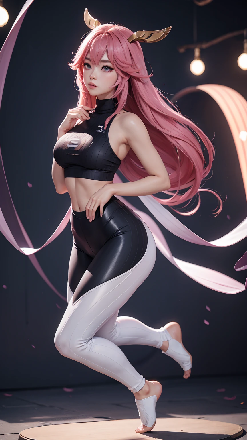 (masterpiece, best quality), high quality, absurdres, highres, ultra detailed, intricate, beautiful woman, 1girl, kafka \(honkai: star rail\), star-kafka, looking at viewer, from behind, looking back, ass, toned, sports bra, leggings, high-waist pants, yog...