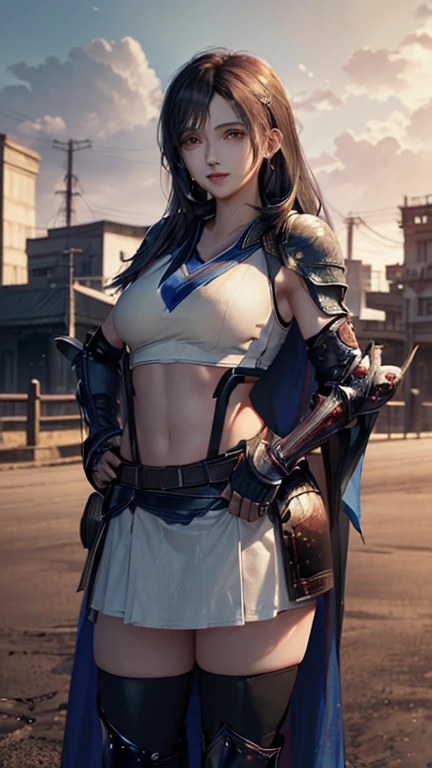 fantasy, 1angel_girl, teen, brown_hair, ponytail_hair, (dark_skin)+, bare_shoulder, navel, thigh,silver_shiny_armor, white_clothes,waist_armor, glebe, hold_swords, big_, angry, dynamic_fighting_pose, floating, (1pair_white_wings), sunrise_city_background,(pelvic_curtain)++, open_mouth, headgear, large_ass,public_indecency,