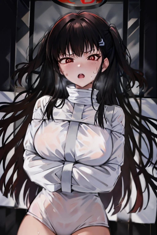 1gir, solo, lying ,young adult,big breast, riotsukatsuki, rio, black hair, (red eyes:1.5), hair ornament, hairclip, halo, long hair, not hand, hands inside cloth, shy, hands disappear, cute, bondage, rope,very hot and sweaty,loosing consciousness,squirming,very hot and sweaty,very horny