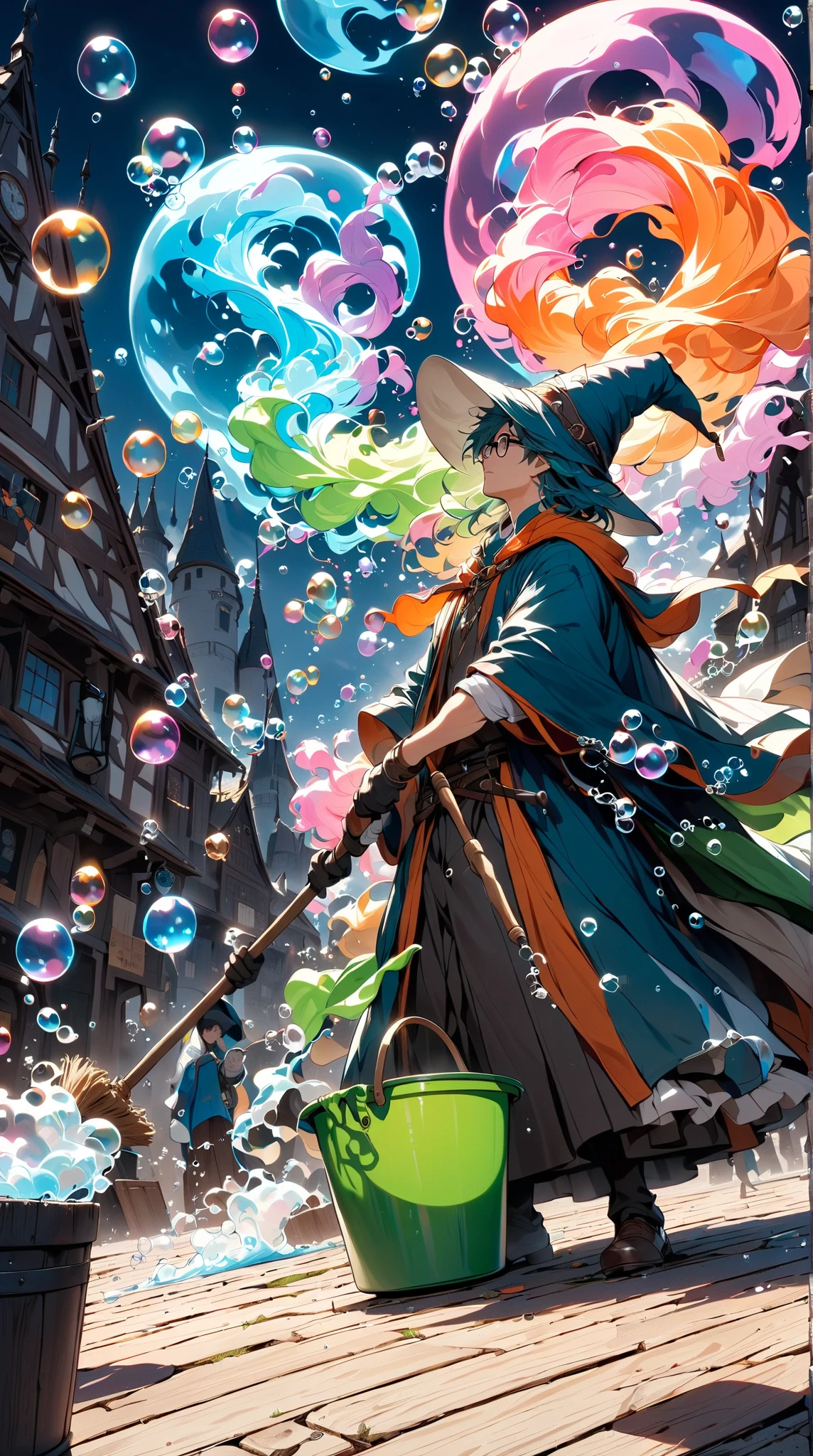 score_9, score_8_up, score_7_up, score_6_up, masterpiece, best quality, 4k, high res, 1boy, solo, extreme wide shot, a wizard cleaning, wizard \(boy, glasses, robe, pointy hat, determined, sweating\), (bubble:1.5), water bucket, foam, floating mop, floating duster, floating broom,