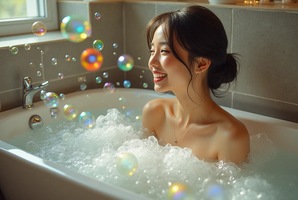 a cute woman is naked taking a bath, she is over joyed as magical bubbles of many shapes and colors swirl and dance around her. A gnome hides in the corner giggling working the spell. Modern bathroom