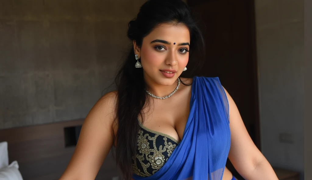 A curvy Indian woman with big cheeks and an hourglass figure, wearing a blue satin silk half saree and lace bra. She has a French braid, a necklace, and sultry, seductive eyes, smiling at the viewer. (Cinematic:1.3), intricate details, (ArtStation:1.2).