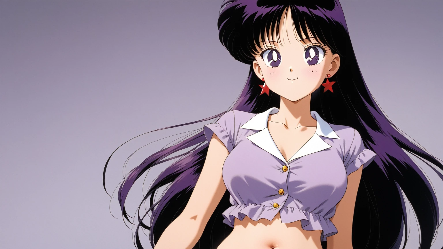 aamars, very long hair, black hair, parted bangs, purple eyes, 1990s \(style\), 1 girl, solo, Best quality, masterpiece, High Definition, Purple Pajamas, Midriff, Belly Button, Shocked, Hipping, Looking At Belly, Belly Button Lint, Dirty Navel, pink underwear, smile, belly button on outside of stomach, happy