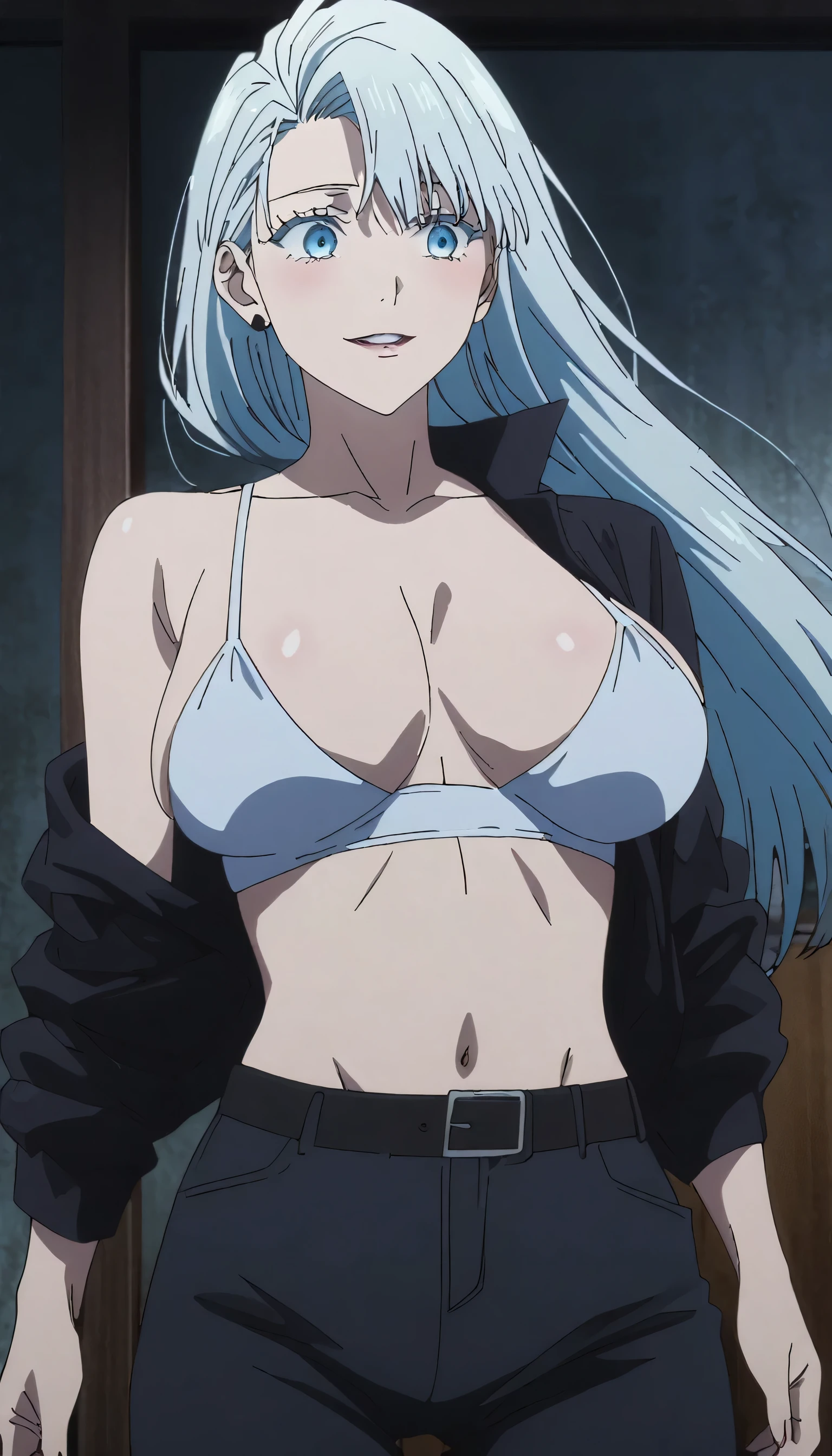 1girl, female gojo satoru, anime screencap from jujutsu kaisen, gojo satoru female version, solo, long_hair, ((Blue eyes,)) ((Silver_hair, hair over ear from one side))((slicked hair)) , night view, (hanging breasts) upper_body, smile, indoors, parted lips, (long hair) ((wearing mini black suit showing cleavage and skin fit black jeans , sexy eyes , (Belly Button with six pack abbs ) ((Middlebreasts)) , glossy)) breast, "very detailed and high resolution" ((solo)) (((front view))) (earings) ((high resolution)) ((good quality)) ((silky hair, hair over ear from one side))((hair slicked)) ((parted lips)) ((full body)) , blushing , blushing , front view , full body