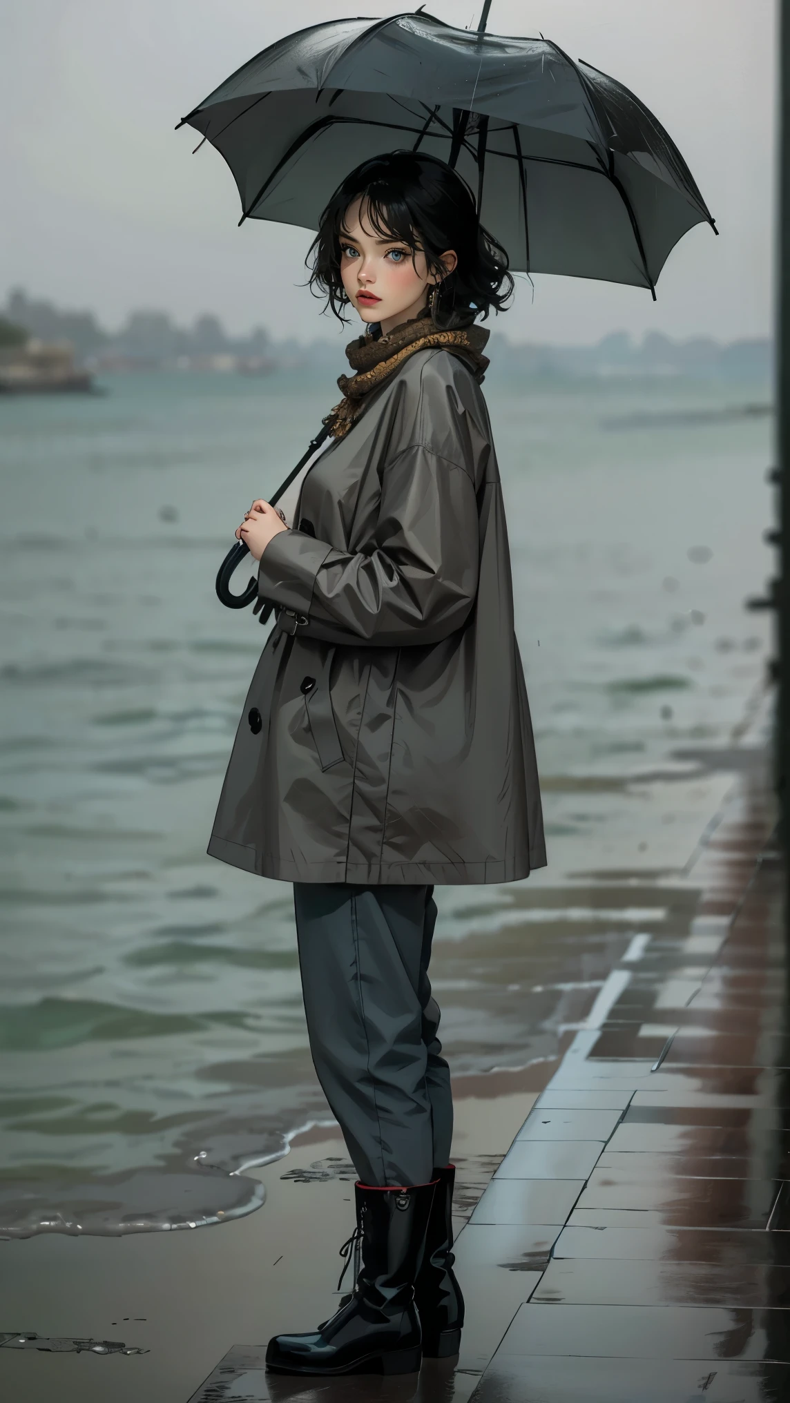 24 year old dark skinned woman、blue eyes、blonde、medium long curly hair、Accessorize your wrist、Colorful Scarf Tie Blouse((scarf tie blouse))、raincoat,loose grey fashionable pants, short hair, at the sea side, boots, umbrella, rain