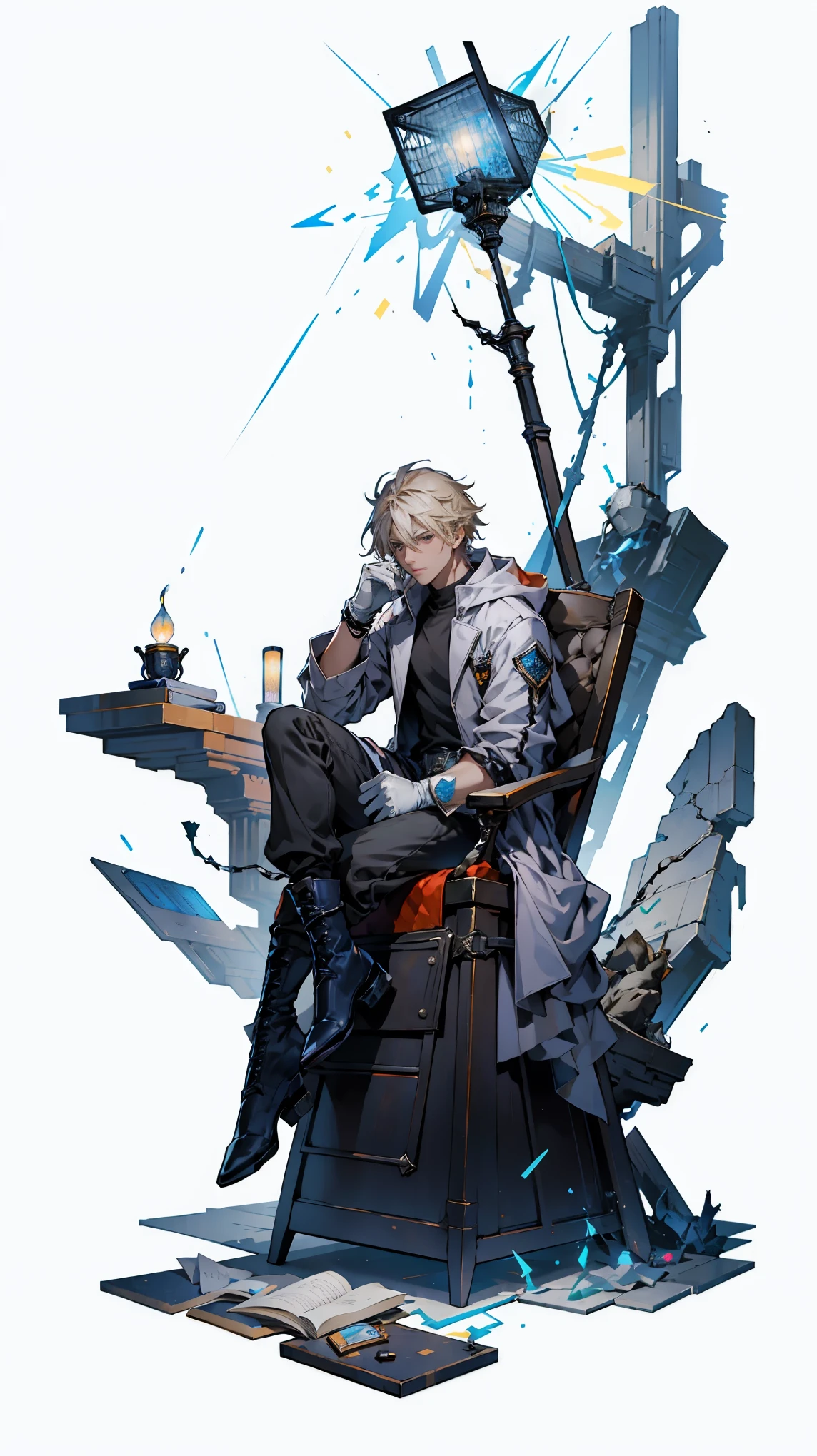 (masterpiece, best quality, ultra detailed:1.5) <lora:e7Haste-07:.9> 1boy, portrait, (solo:1.4), male focus, sky_background, bright, white_sky, day, outdoors, (short hair:1.5), choker, collar, from above, earring, jewelry, serious look, serious, intense, crossed arms, (from the front:1.2), looking at viewer, sitting down, (knees:1.2), shorts
