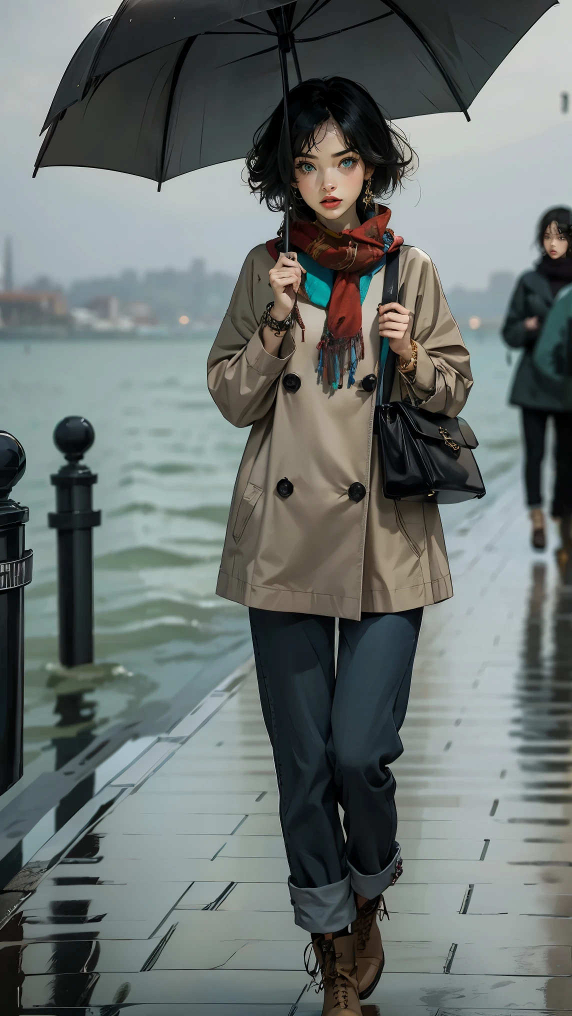 24 year old dark skinned woman、blue eyes、blonde、medium long curly hair、Accessorize your wrist、Colorful Scarf Tie Blouse((scarf tie blouse))、raincoat,loose grey fashionable pants, short hair, at the sea side, boots, umbrella, rain