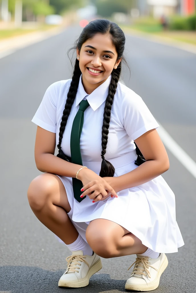 beautiful cute Sri Lankan school girl, in barefoot, Large breast size , 20 years old, wearing a white frock and a dark green tie. She has plaits, black braided long hair, wearing white folded socks and white school sneakers (sneakers are little bit dusty), correct anatomy of other body parts,  beaming with happiness as she poses road at school premises, brown skin tone, sweaty skin, thighs are  exposed, holding knees by hands, better pose, full body view, squatting on a road
