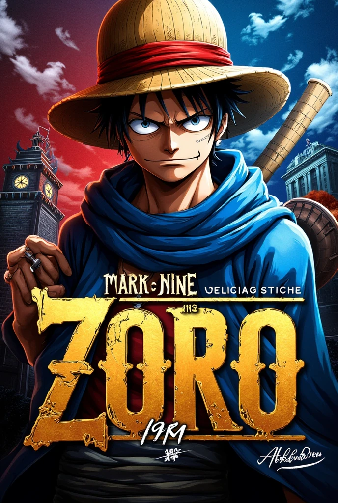 ((masterpiece)) ((photography)) ((Highest quality)) Zoro-themed artwork featuring Zoro wearing a mask and his iconic hat, with his name prominently displayed in a bold, graffiti-inspired typography. Style includes cinematic lighting, vibrant colors, dark fantasy atmosphere, 3D rendering with a photo-realistic touch, anime-inspired design, conceptual art elements, and architectural details in the background. Combines painting techniques, fashion aesthetics, and product design influences for a dynamic and vibrant poster-like composition.