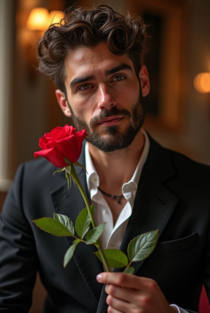 a men wearing black shirt and light green dress pent sirting on sofa holding a fire rose and looking at rose with two fingers in sexy look