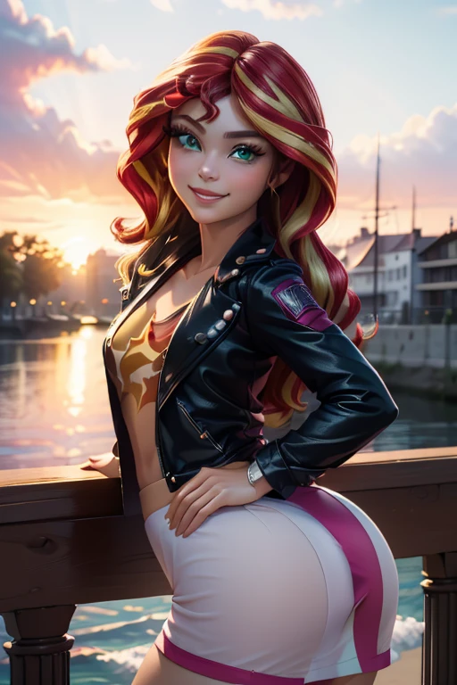 (Masterpiece, The best quality:1.2), only, 1girl , beautiful teenage girl europea , Caucasian , mlpshimmer, Nice smile , make-up  , looking at the viewer, small black jacket , sunset shimmer , mlp , 18 years , beautiful teenage girl , teen model , turquoise eyes , within, anochecer , parque , Full body photo  , alegre , linda sonrisa , usa outfit de invierno ,Rubor, Arte de decoración, Líneas de movimiento