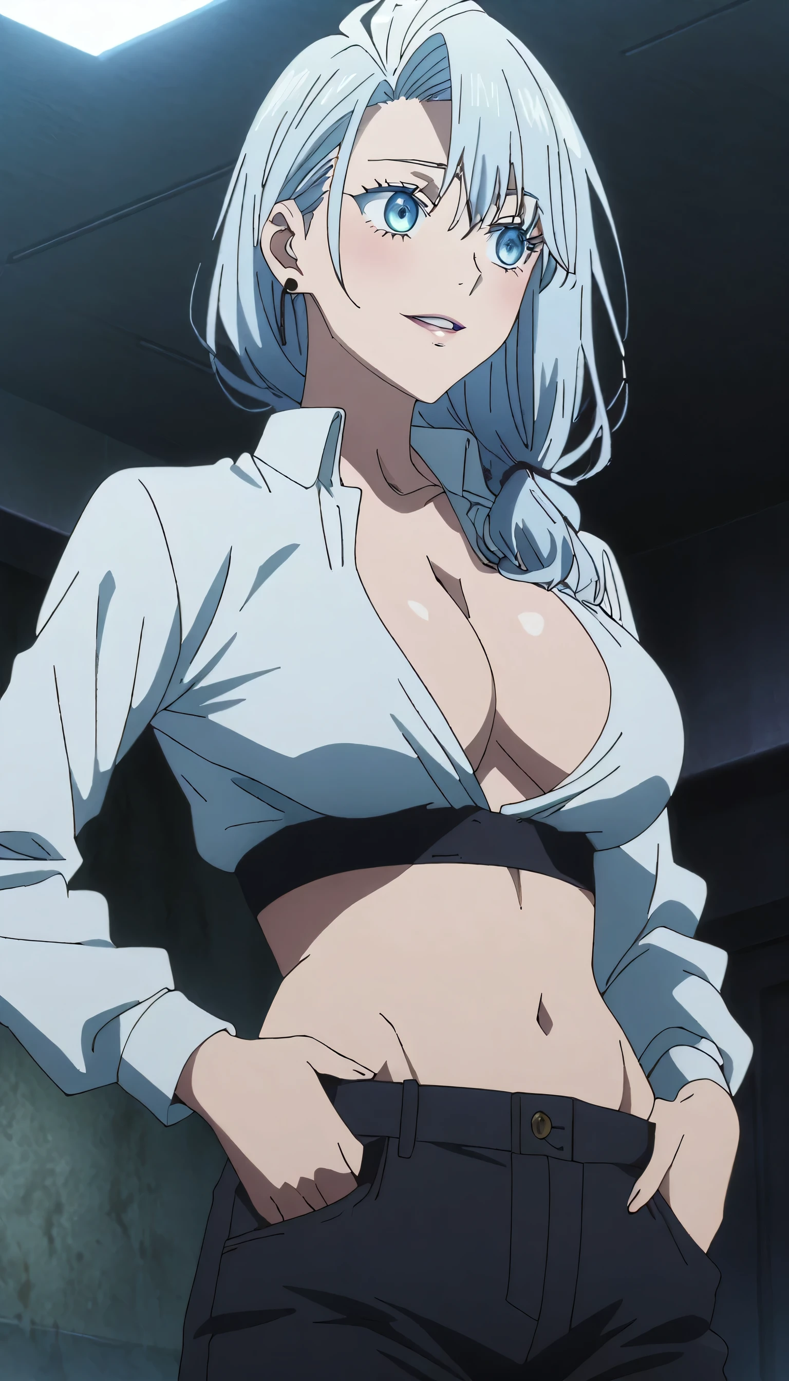 1girl, female gojo satoru, anime screencap from jujutsu kaisen, gojo satoru female version, solo, long_hair, ((Blue eyes,)) ((Silver_hair, hair over ear from one side))((slicked hair)) , night view, (hanging breasts) upper_body, smile, indoors, parted lips, (long hair) ((wearing mini white suit showing cleavage and skin fit black jeans , sexy eyes , (Belly Button with six pack abbs ) ((Middlebreasts)) , glossy)) breast, "very detailed and high resolution" ((solo)) (((front view))) (earings) ((high resolution)) ((good quality)) ((silky hair, hair over ear from one side))((hair slicked)) ((parted lips)) ((full body)) , blushing , blushing , front view , full body
