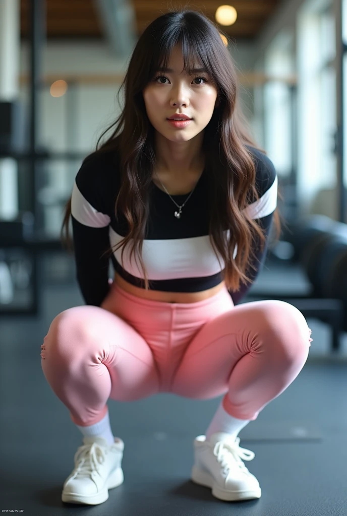 (retouched:1.6), fitness woman (24-year-old stunning Asian woman with brown eyes, wearing sneakers, in gym studio, full body shot including legs and feet, she wear yoga pants, RAW UHD, details (textures! , hair! , glitter, color!! , disadvantages: 1.1), glossy eyes with high detail (looking at the camera), SLR lighting, SLR camera, ultra-quality, sharpness, depth of field, film grain (center), Fujifilm XT3, crystal clear, frame center, beautiful face, sharp focus, detailed skin pores, oily skin, complex eye details, full body, very long hair