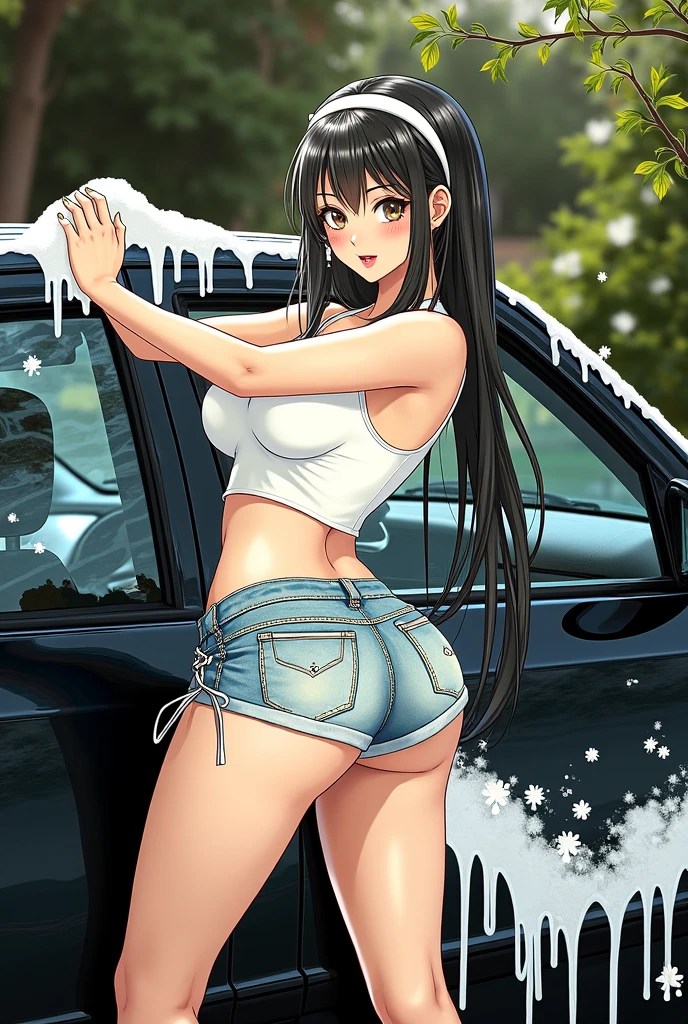 (8K, Best Quality, ultra-detailliert, Professional Lighting), Beautiful girl, large breasts, Flapping udder, curvy, skindantation, dark blue school swimsuit, dark blue one-piece swimsuit, scarf, thigh-high socks, sexy pose, dynamic angle, (Hold the sponge), (smile:1.3), gleaming skin, black hair, long hair, twintails, hair ribbon, Brown Beautiful eyes, outdoor, Stand next to the car, car washing, (soap bubbles:1.3), Sunlight