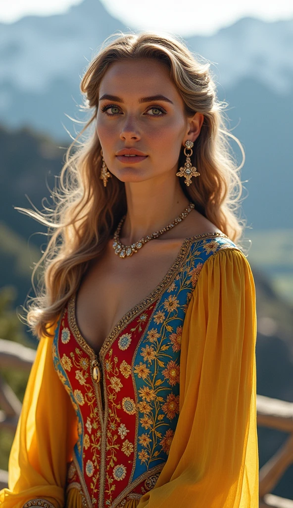 Emily Blunt dressed in traditional Russian clothing and a sexy smile.