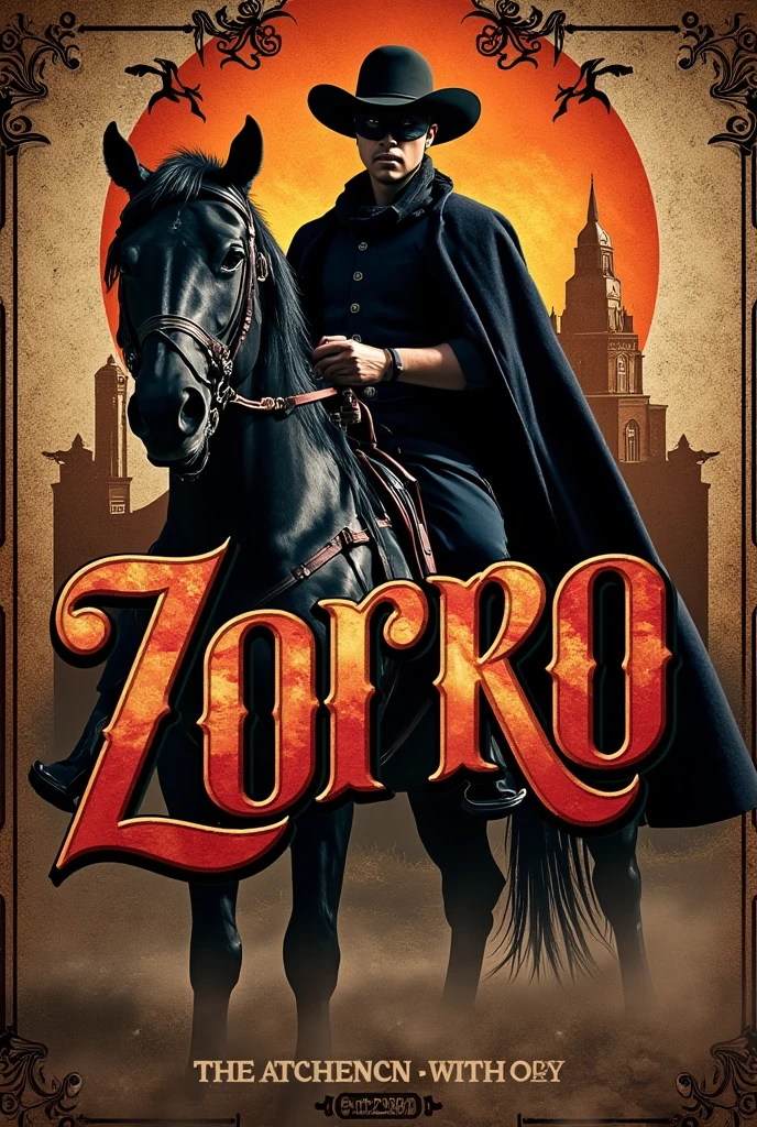 ((masterpiece)) ((photography)) ((Highest quality)) Zorro-themed artwork featuring Zorro on his majestic black horse, wearing his iconic black cape, wide-brimmed hat, and eye mask. His name "Zorro" is displayed in bold, graffiti-inspired typography. The scene combines cinematic lighting, vibrant dark fantasy tones, and a dynamic pose, with a 3D-rendered style blending photo-realistic textures. The composition incorporates elements of conceptual art, traditional Mexican influences, and architecture, creating a striking poster with a mix of modern graffiti and classic elegance.