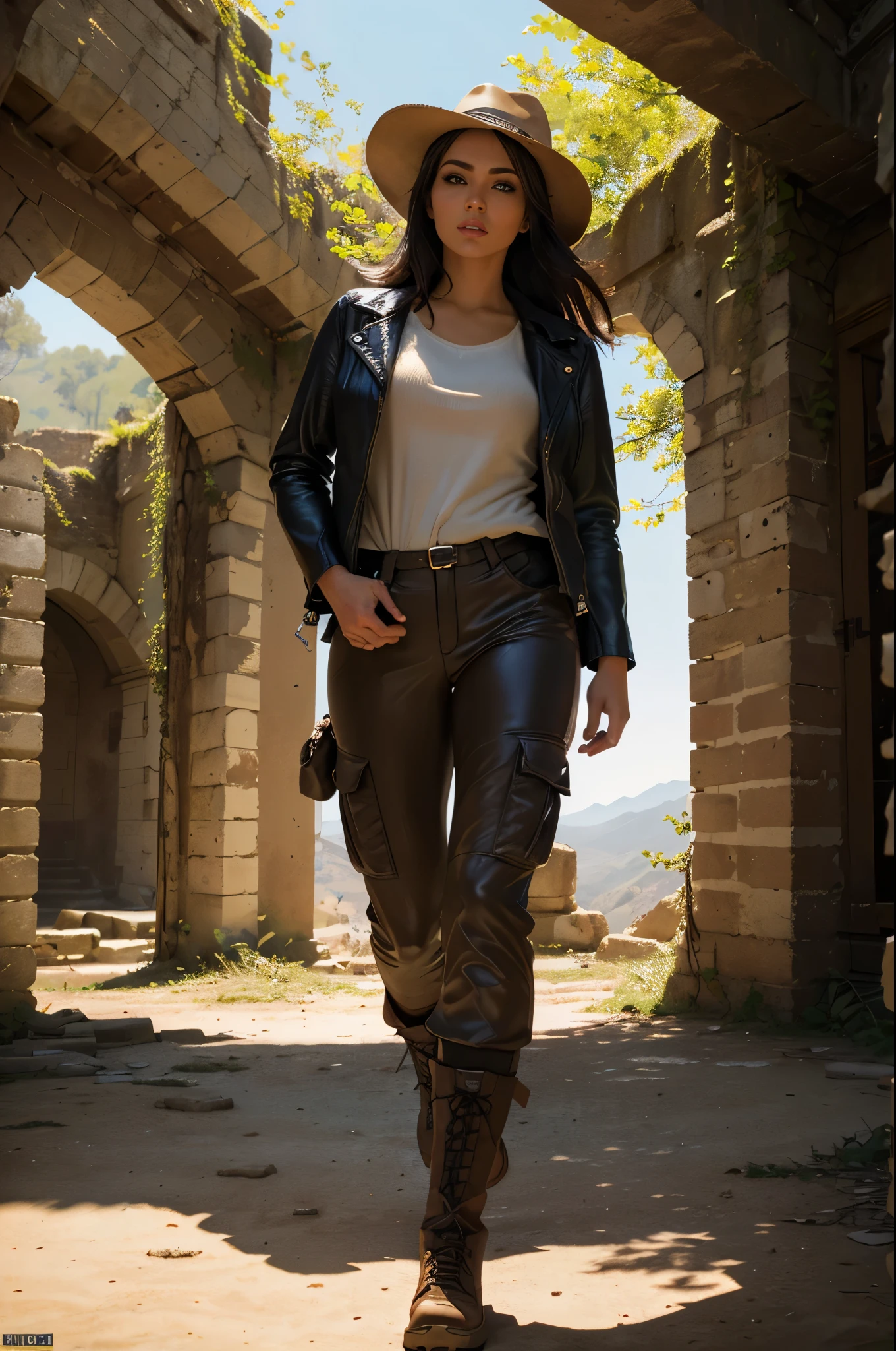 a female indiana jones, beautiful detailed eyes, beautiful detailed lips, extremely detailed eyes and face, long eyelashes, adventurer, archaeologist, leather jacket, cargo pants, hiking boots, fedora hat, exploring ancient ruins, treasure hunting, sunlight dappled stone walls, crumbling architecture, overgrown vegetation, (best quality,4k,8k,highres,masterpiece:1.2),ultra-detailed,(realistic,photorealistic,photo-realistic:1.37),cinematic lighting, dramatic shadows, vibrant colors, adventure, exploration, discovery
