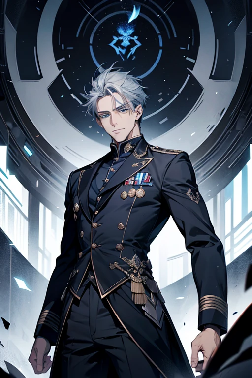 knee shot, man, 35 years old, mature man, handsome, expressionless, short gray blue hair, blue eyes, fierce, standing, black full-dress uniform