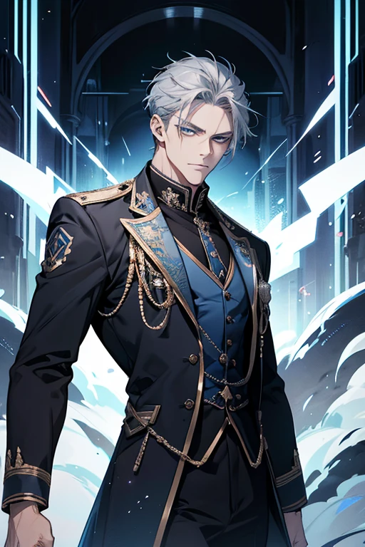 knee shot, man, 35 years old, mature man, handsome, expressionless, short gray blue hair, blue eyes, fierce, standing, black full-dress uniform