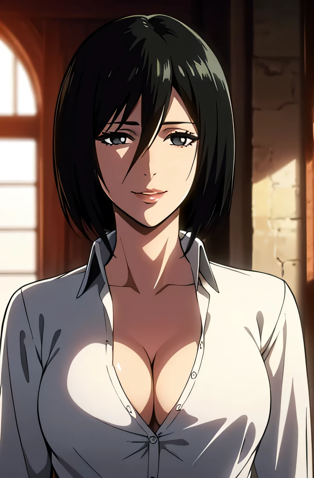 1girl, mikasa ackerman, (black hair:1.3), Hair between the eyes, Short hair, ))) detailed black eyes))), full lips, best quality, masterpiece, best work, (wearing white shirt showing lot of cleavage), (background window ), evening time, medium_breasts, , (cleavage), cowboy_shot, looking_at_viewer, light smile, great detailed, professional work, cool soft lighting, greatest work, outstanding quality, ((beautiful eyes)), (mature women), mature body, best quality, ((best quality, masterpiece)), best of best, aot styl , upper body