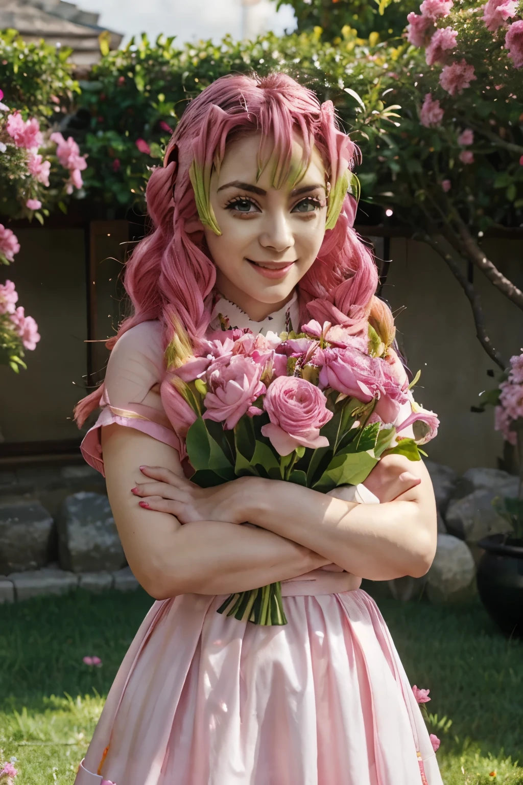 Mitsuri Kanroji (Demon Slayer)green eyes, wearing cute pink pastel dress, holding flowers, pinkish light lipstick, smiling,background :Flower garden)