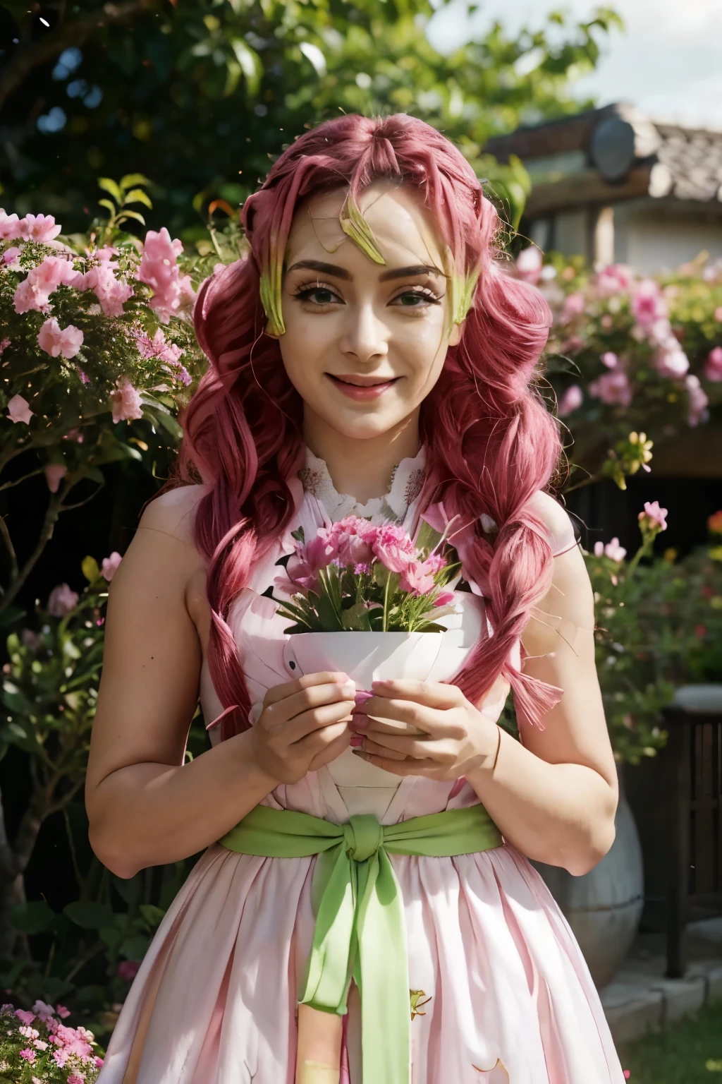 Mitsuri Kanroji (Demon Slayer)green eyes, wearing cute pink pastel dress, holding flowers, pinkish light lipstick, smiling,background :Flower garden)