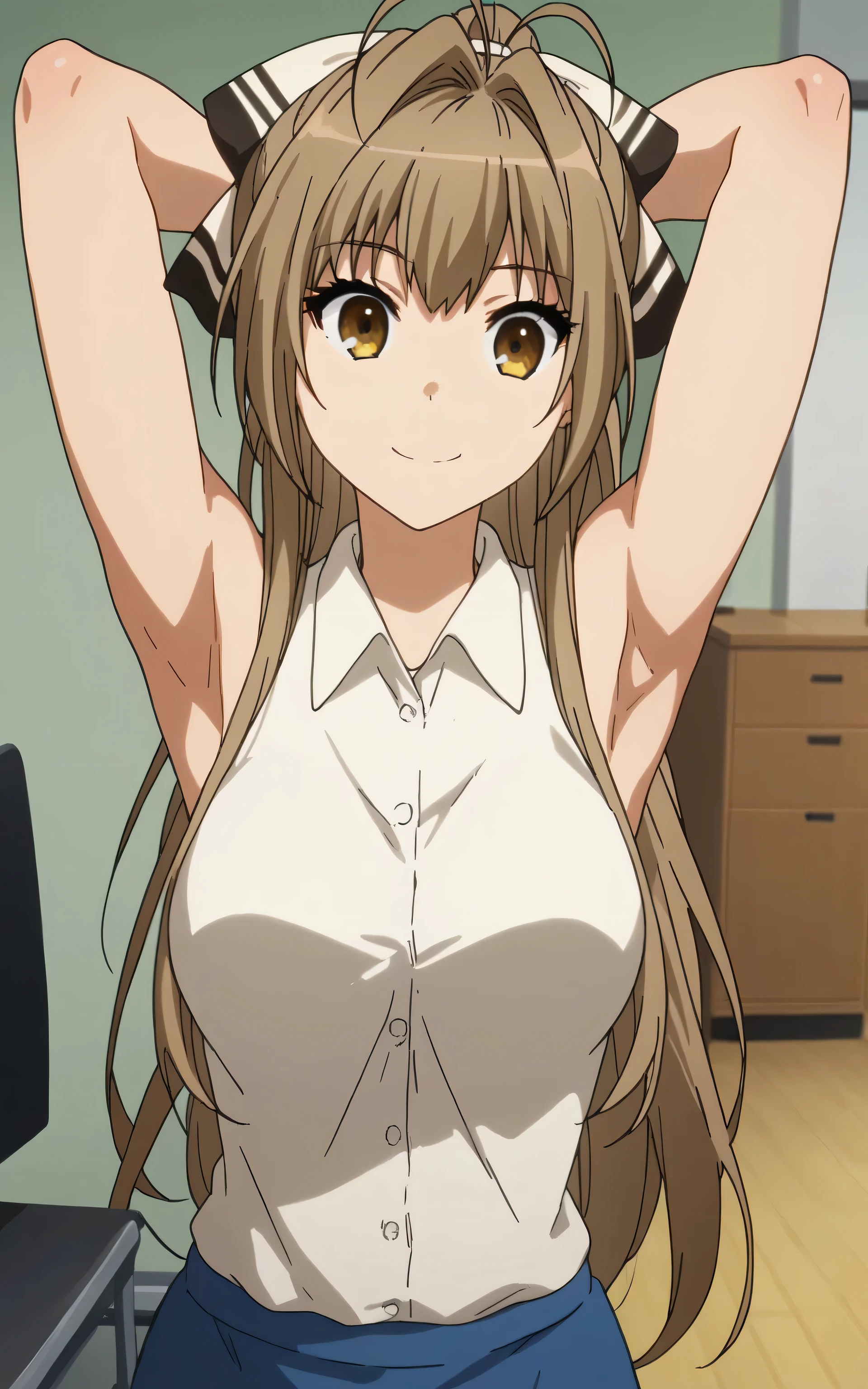 score_9, score_8_up, score_7_up, source_anime, anime screencap, 1girl, solo, long hair, ponytail, brown hair, antenna hair, hair intakes, brown eyes, hair bow, SentoOffice, white shirt, collared shirt, sleeveless shirt, sleeveless, bare shoulders, bare arms, arms behind head, armpits, from above, looking at viewer, head towards viewer, smile, closed mouth, badhandv4, indoors, office 