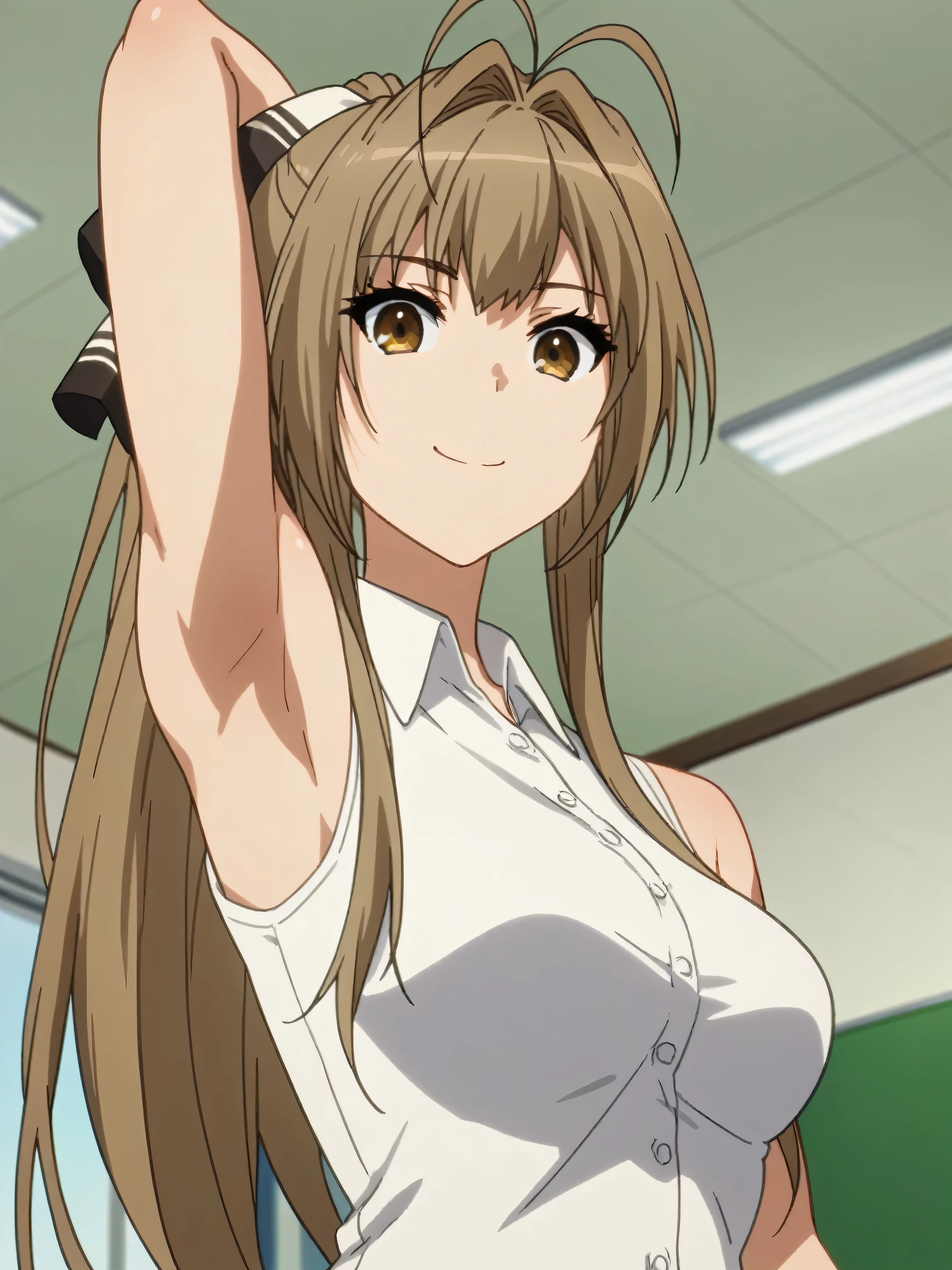 score_9, score_8_up, score_7_up, source_anime, anime screencap, 1girl, solo, long hair, ponytail, brown hair, antenna hair, hair intakes, brown eyes, hair bow, SentoOffice, white shirt, collared shirt, sleeveless shirt, sleeveless, bare shoulders, bare arms, arms behind head, armpits, from above, looking at viewer, head towards viewer, smile, closed mouth, badhandv4, indoors, office 