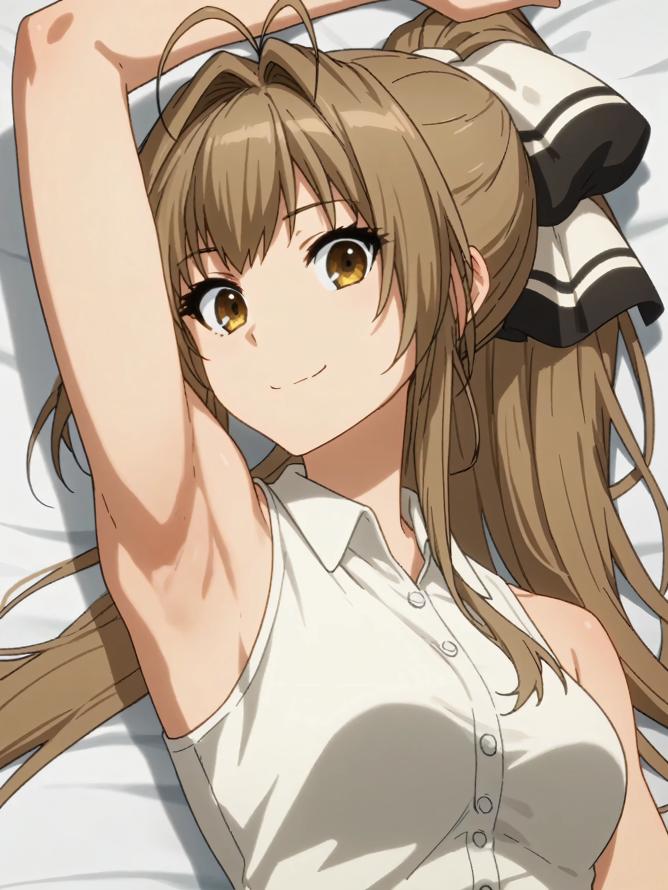 score_9, score_8_up, score_7_up, source_anime, anime screencap, 1girl, solo, long hair, ponytail, brown hair, antenna hair, hair intakes, brown eyes, hair bow, SentoOffice, white shirt, collared shirt, sleeveless shirt, sleeveless, bare shoulders, bare arms, arms behind head, armpits, from above, looking at viewer, head towards viewer, smile, closed mouth, badhandv4, indoors, office 