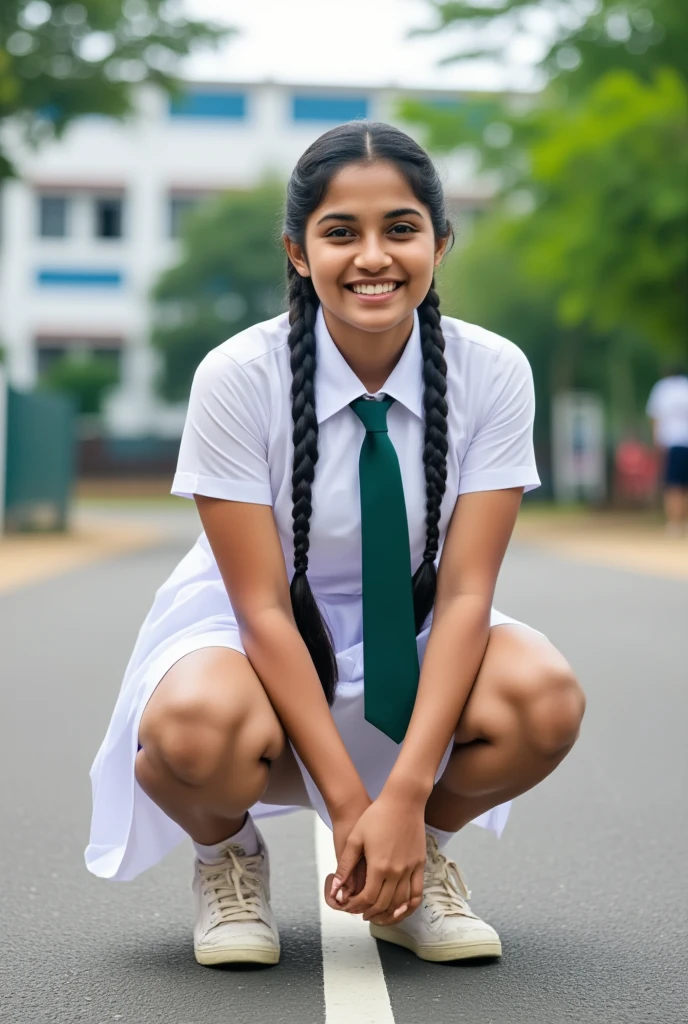 beautiful cute Sri Lankan school girl, in barefoot, Large breast size , 20 years old, wearing a white frock and a dark green tie. She has plaits, black braided long hair, wearing white folded socks and white school sneakers (sneakers are little bit dusty), correct anatomy of other body parts,  beaming with happiness as she poses road at school premises, brown skin tone, sweaty skin, thighs are  exposed, holding knees by hands, better pose, full body view, squatting on a road
