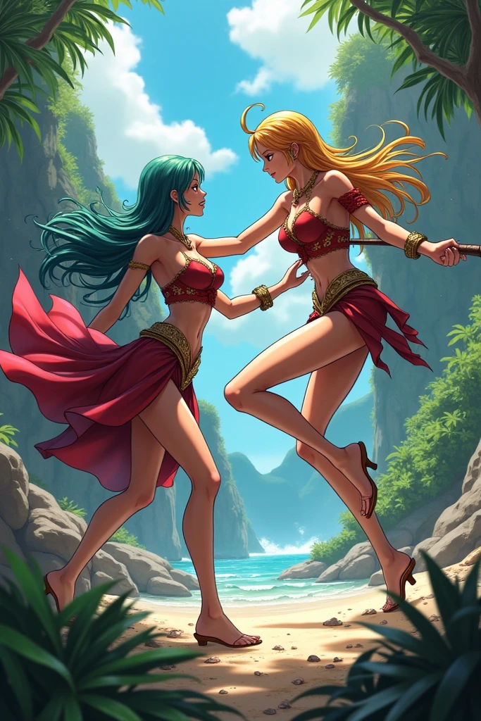 A group of Amazon women (tan skin, blonde hair, blue eyes, athletic, golden ratio figure, spear, sword, shield, warrior bikini) hunt a dinosaur, jungle ruins