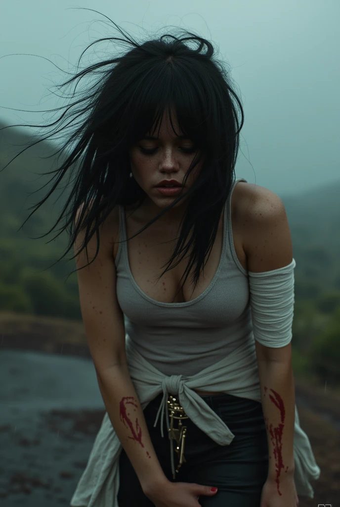 (j3nnaort3ga) wears a shabby white vest，Tomb Raider 9，Long messy black hair，sexy dark skin, The arm is wrapped in a bandage，Realistic details，It was raining heavily，Thermal vaporization、Rich particle effects,Seriously injured，Moaning，wretched，Bloody