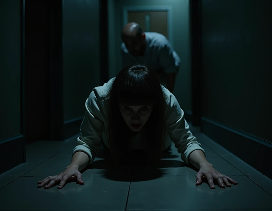 Environment: Factory interior, second floor with dim lights and deep shadows. Visual Details: Empty and gloomy corridors, with broken windows letting in natural light. Victim's body covered by a white sheet. Floor covered in debris and a piece of broken glass near the body. Clara: Crouching down next to the body, examining the symbol on the victim's neck.