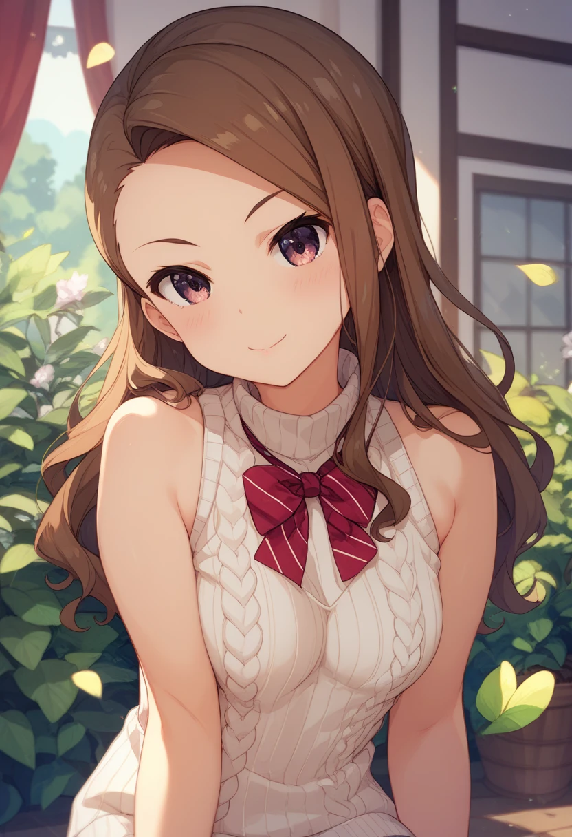 Minase Iori、  small breasts、  brown hair 、naked sleeveless horizontal breast sweater