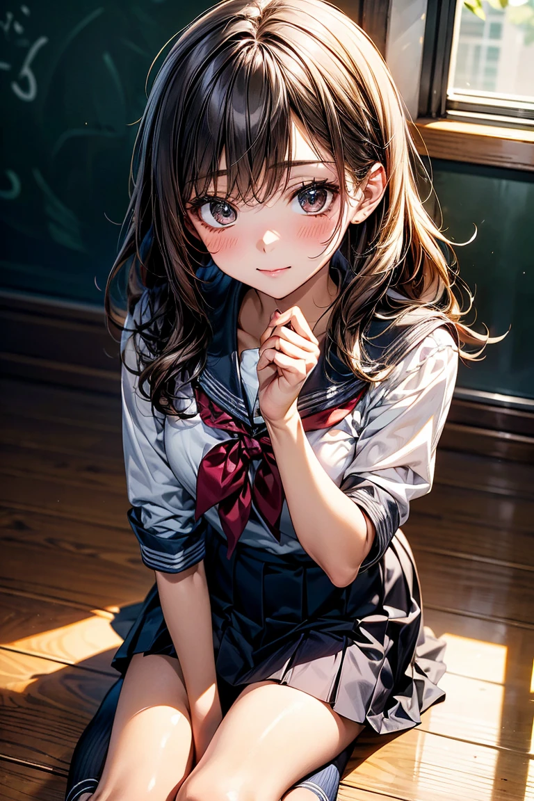 (masterpiece:1.2, top-quality), (realistic, photorealistic:1.4), beautiful illustration, (natural side lighting, movie lighting), depth of fields, nsfw,
beautiful detailed hair, beautiful detailed face, beautiful detailed eyes, beautiful clavicle, beautiful body, beautiful chest, beautiful thigh, beautiful legs,
looking at viewer, 1 girl, 12 years old, (perfect anatomy, anatomically correct, super detailed skin), cute and symmetrical face, perfect face, perfect eyes,
(long hair, straight hair:1.5, sideburns, black hair), blunt bangs, break red eyes, big eyes, long eye lasher, (medium breasts, seductive thighs), perfect body, shiny skin, pink skin,
(detailed cloth texture, break short sleeve white collared shirt, break (brown knit vest), break dark brown pleated skirt, break dark red plaid bow tie), break
(beautiful scenery), (school crassroom:1.2), standing, (hand on own chin), (seductive smile, heart-shaped eyes, heart-shaped pupils, parted lips),
