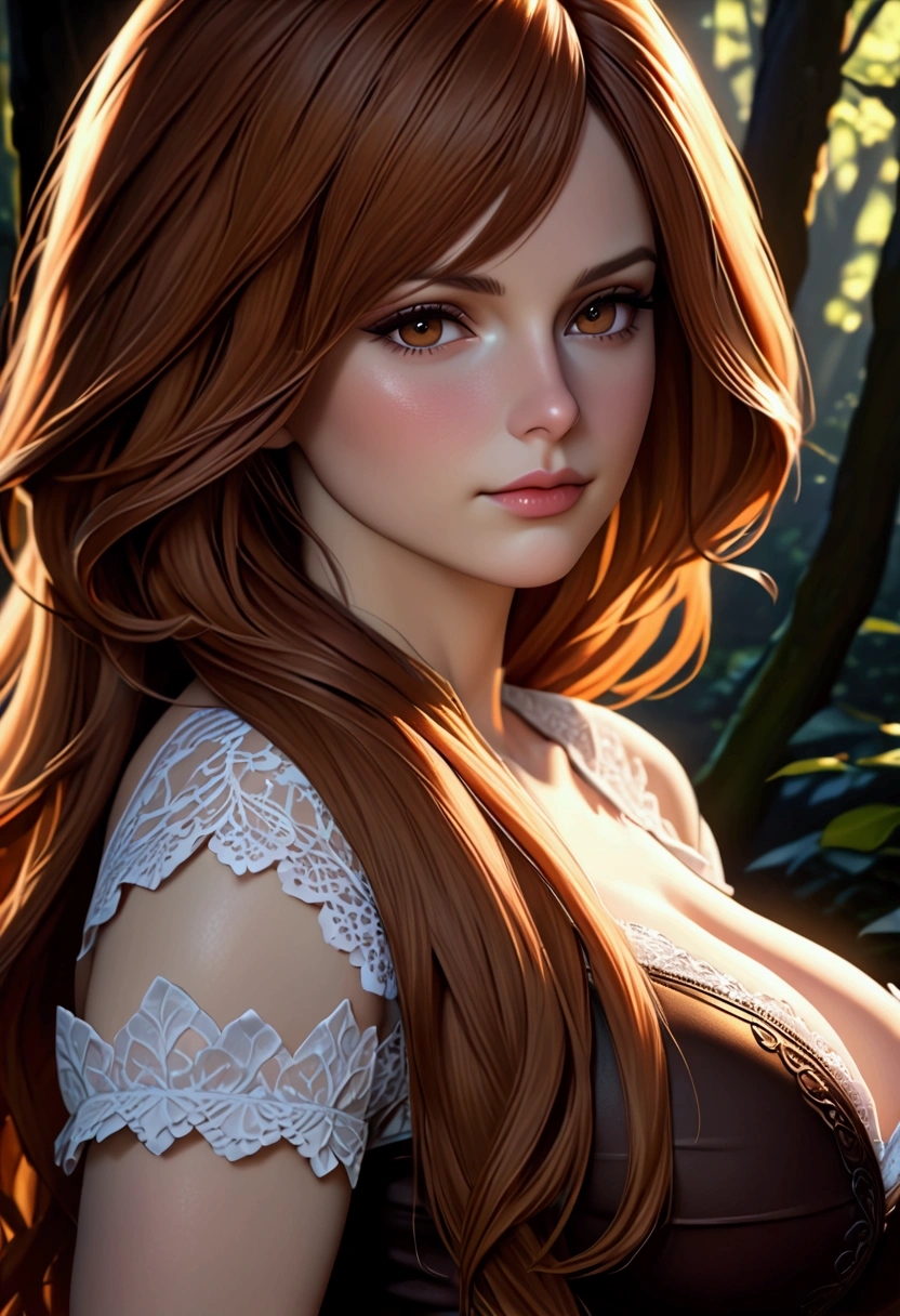  (adult:1.6) woman, (smirk:0.4), (photorealistic:1.4), (masterpiece, side lighting, finely detailed beautiful brown eyes: 1.2), dragon's crown, sorceress, massive conical shaped breasts, (1 girl),((a solitary person)),shade of brown hair, a lot of sweat, masterpiece, ultra realistic 8k cg, very long brown hair, beautiful , , (hard lights, hard shadow, key light, key lights), shiny skin, lace, lace trim, clean, beautiful face, pure face, pale skin, long hair, shiny skin, skin dentation, set in a forest, There's no one in the background, 