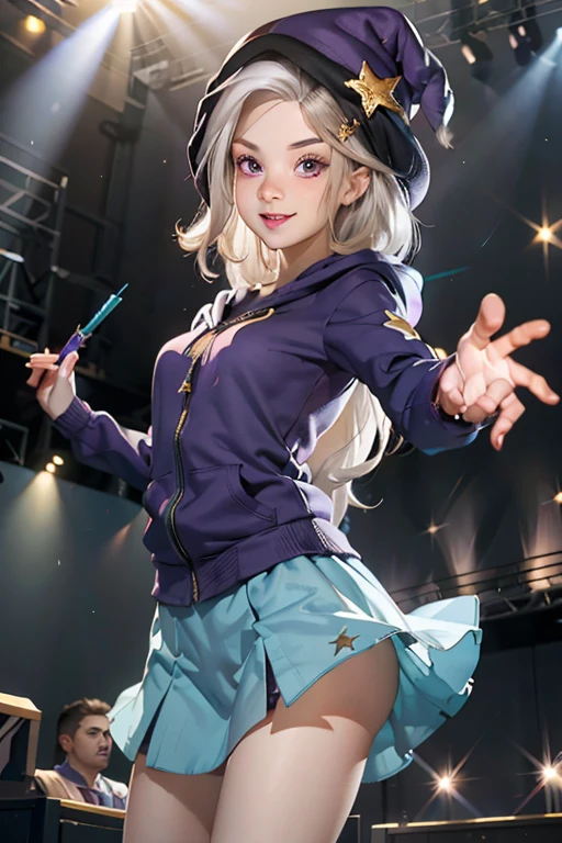 mlptrixie, white hair, wizard hat, purple eyes, colored skin, blue skin, star hair ornament, blue hoodie, purple skirt, looking at viewer, serious, grin, medium shot, action pose, holding a wand, on stage, bright lighting, high quality, masterpiece, 