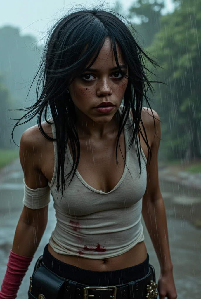 (j3nnaort3ga) wears a shabby white vest，Tomb Raider 9，Long messy black hair，((In hotdark skin girl)), The arm is wrapped in a bandage，Realistic details，It was raining heavily，Thermal vaporization、Rich particle effects,Seriously injured，Moaning，wretched，Bloody