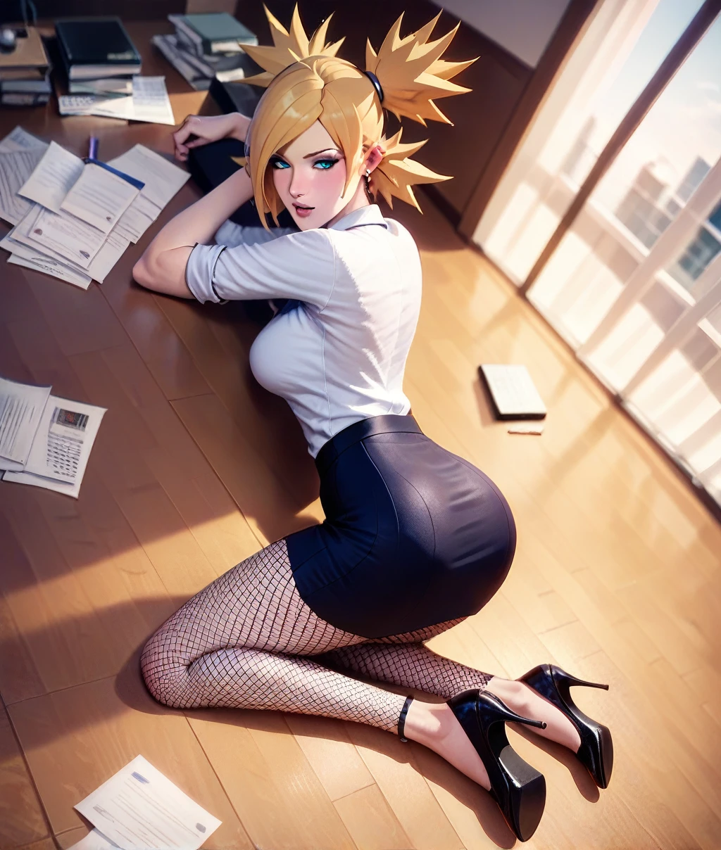 Temari lying down,  dressed as an office worker, very short triangular skirt,  big boobs,  black fishnet tights,  high black heels , desnuda