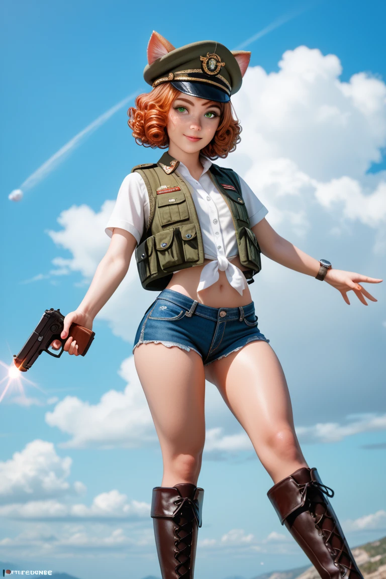 Hyper-Realism , high precision, cinematic lighting , ray tracing, perspective, Frontal photo, ultra high definition , masterpiece , textured skin, 4K, Best Quality . young girl, curly copper red hair , cute emerald green eyes , Large hips. Posing for spectator , left arm holding the waist , loose right arm holding a pistol . Wearing a military vest over a fluffy blouse. on the head a hat with kitten ears . short jeans over strong thighs , And military boots on feet