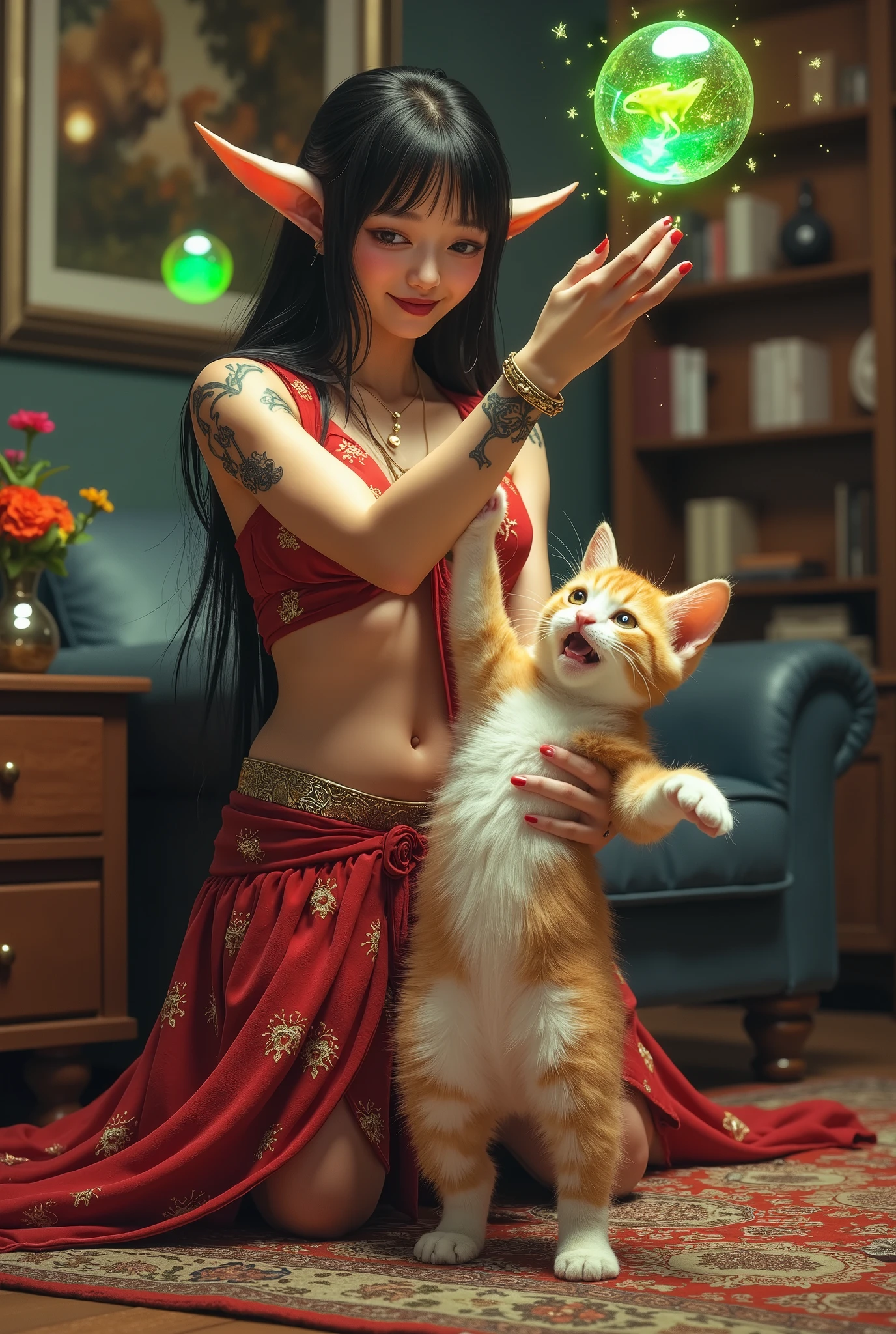 A kitten dances and plays with magical bubbles holding visions of mice and grasshoppers, a cute elven sorceress (cute, scantily clad, mystic tattoos) directs the magical bubbles, Mystic living room