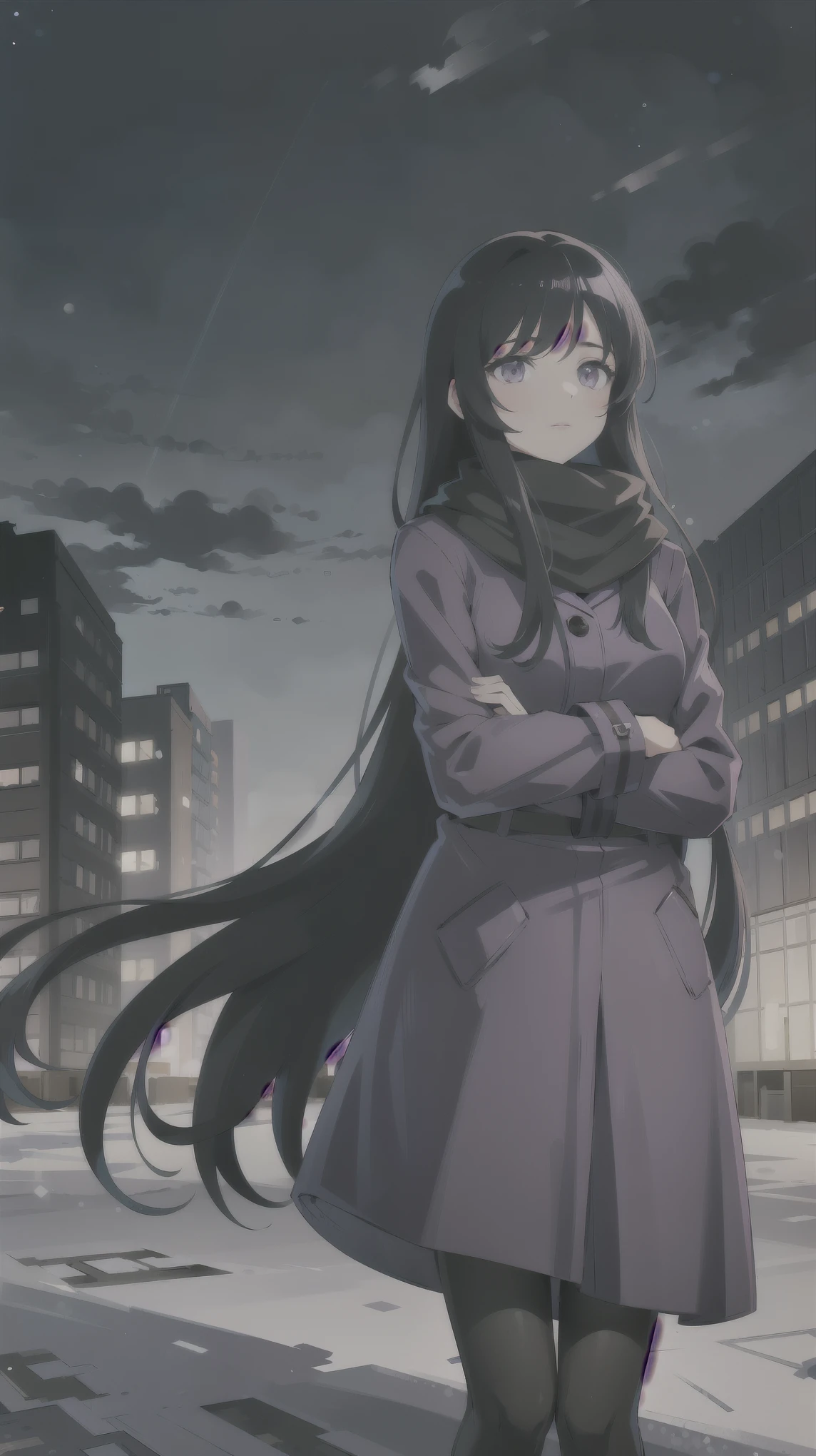 (best quality,ultra-detailed,vibrant colour) solo, 1 woman, long black hair, purple eyes, long coat, scraf, city, panel houses, post-Soviet aesthetic, snow, winter, outdoors, night, clouds, snowfall, far shot