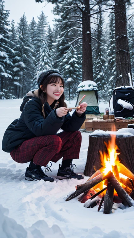 High quality, high quality, high quality, 8k,  pretty girl、In the snow、Solo Camping、 campfire