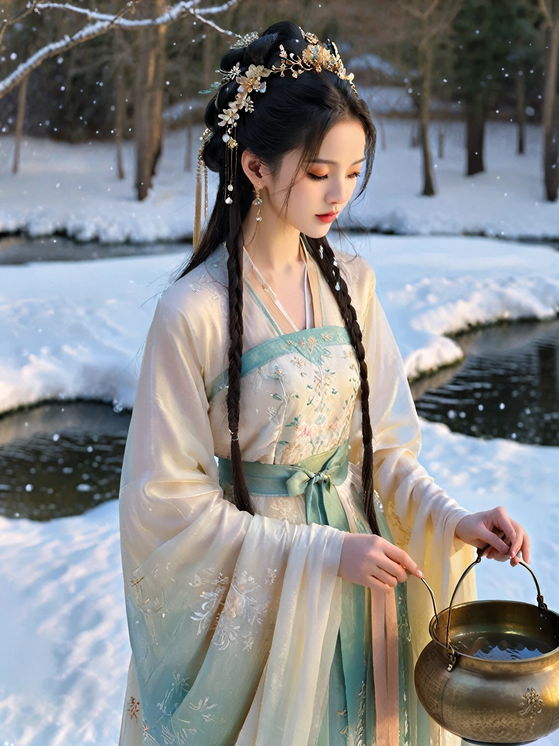 DDunhuang art style, Extremely long-distance lens, highest quality、masterpiece、超High resolution、(Realistic:1.3)、RAW Photos,A beautiful girl, Perfect face, Pretty Face, Wearing traditional  dress, Zen style, Bright Star, Light and Shadow, Ancient White, epic, Extremely delicate brushstrokes, Reality,  illustration, UHD, masterpiece, accurate, anatomically correct, textured skin, super detail, 8k.
In a picturesque winter garden bathed in the soft morning light, visualize a beautiful ancient Chinese girl, radiating elegance and grace. She wears a delicate, intricately embroidered traditional dress in gentle hues that complement the serene atmosphere of the scene. The girl stands beside a golden metal basin filled with sparkling ice, her slender fingers gently holding an ancient scroll of poetry. As she reads, her expressive eyes are filled with wonder and contemplation, reflecting the beauty of the world around her. Colorful silk threads glimmer as they dance around the basin, and the soft sound of chimes echoes in the background. Snow-covered trees with frosted branches create a magical backdrop, enhancing the tranquility of the moment. This enchanting scene captures the harmonious blend of natural beauty, hood innocence, and the timeless allure of poetry, inviting viewers to immerse themselves in a world of elegance and imagination.

Copy
Regenerate

