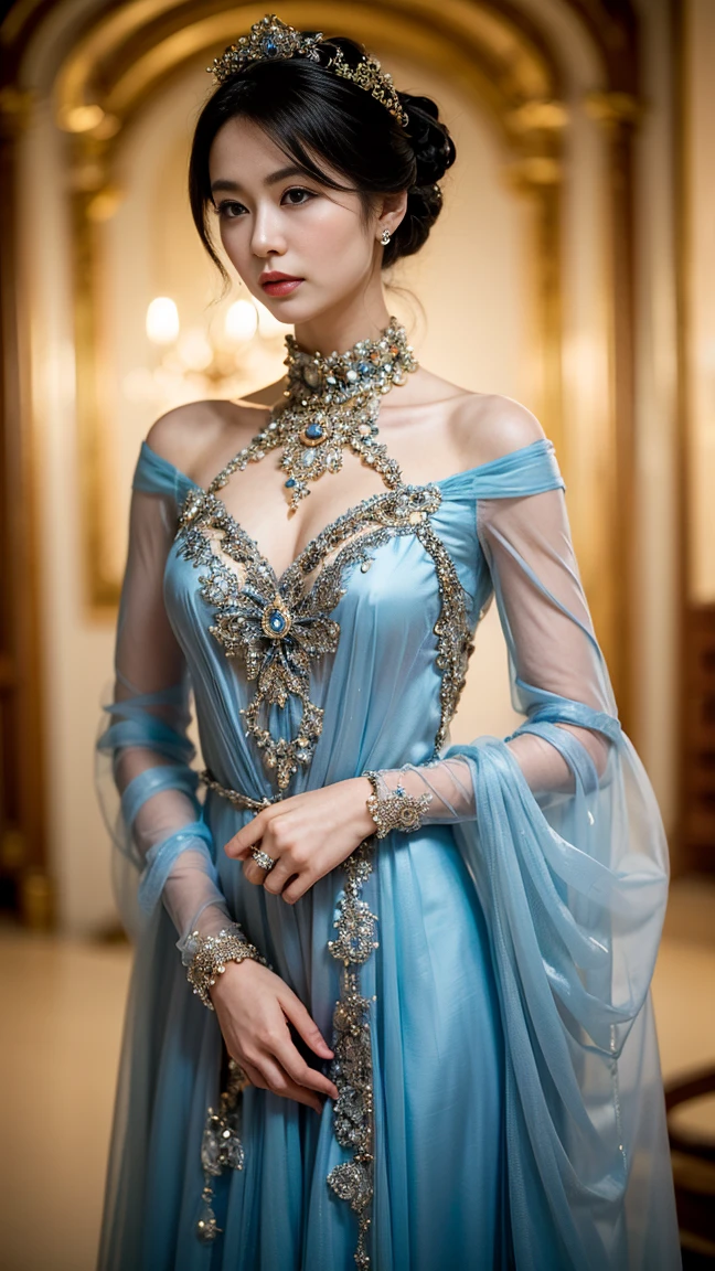 (photorealism:1.2), beautiful woman, a stunning Asian Princess dressed in a light blue silk gown that exudes elegance and grace. The dress features a skimp design, highlighting the character's delicate features and creating a sense of ethereal beauty. Her long, flowing hair is a soft shade of blue, complementing the gown and adding to the overall enchanting appearance. The outfit is adorned with subtle details, such as a high collar and sheer sleeves, enhancing its sophistication. The background is softly blurred, focusing attention on the character, and creating a dreamy atmosphere. Overall, the composition conveys a sense of fantasy and allure, embodying the essence of a modern princess.