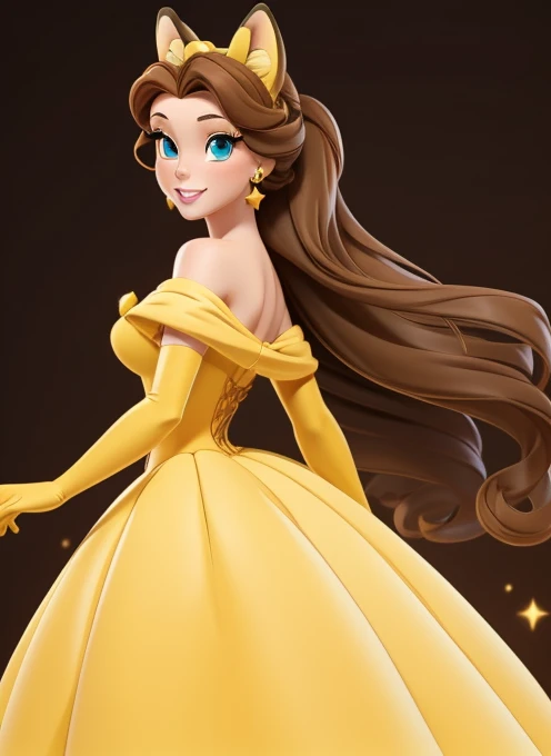 1 girl, Female character with tied brown hair , light skin,  hazel eyes ,  She wore a yellow off-the-shoulder party dress and matching opera gloves., Princess Belle(( a girl)),  masterpiece , ( lyrics, best render ), (Beautiful girl, beauty), (bomb, Pin-up style), hot, hilo dental,  perfect body ,  4k high definition , Disney Princess,  beautiful princess faith , anime princess,  HD artwork , Arte oficial,  Disney cartoon , beautiful princess,  long and slender legs ,  big breasts, pose sexy, beautiful princess,  A cartoon princess with a yellow dress and long hair ., beautiful princess,  beautiful princess faith , anime princess, gala dress, beauty, princess girl, full body close-up shot,  Disney character , Disney Princess,  brown hair, Disney Princess, Beautiful queen, wearing a yellow dress, Detailed dress and face.,  Disney character  style,  In a ballrooma girl ,   Fox ears  , calm smile, Long  brown hair, Star, turquoise blue eyes, Star pagupagil (Girl with  brown hair) (  short ears fox  ) (turquoise blue eyes) (   leg length hair   ) ( long  brown hair with turquoise tips )  long  brown hair with turquoise tips  :    Long hair up to the fingers Turquoise hair extension   , largo hair,   Fox ears   (Girl with  brown hair with turquoise tipags) (  Fox ears  ) (turquoise blue eyes) (  Hair down to the legs  ) (look: touch) (   big breasts ) ( long  brown hair with turquoise tips )  long  brown hair with turquoise tips  :    Blue-dyed tips up to the tips of her feet Turquoise blue hair extension  , largo hair,   Fox ears  , {{  Fox ears  }}, brown   Fox ears   and tail , fox animal ears, Belle dress , blue collar,   headband from behind  , Belle's yellow long dress